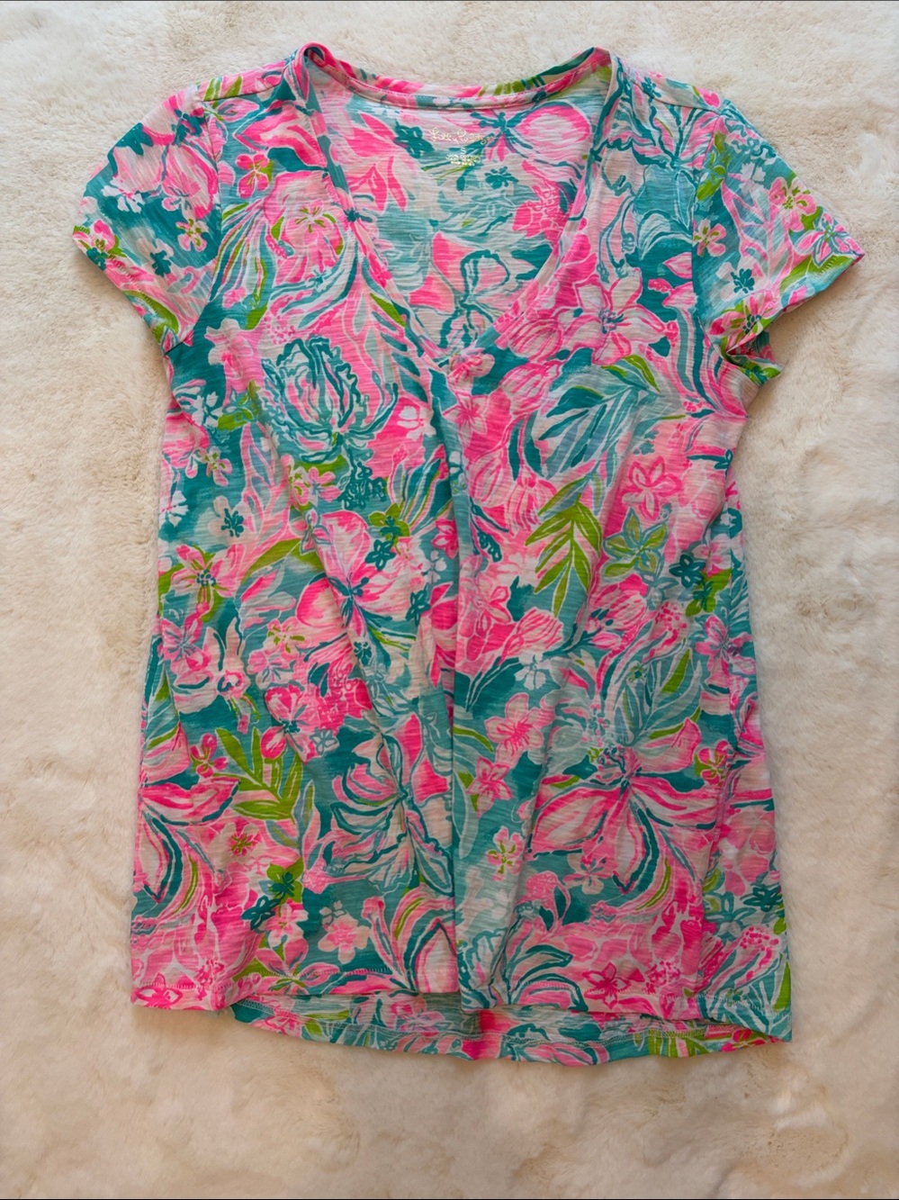 Floral V-Neck Short Sleeve Top in Pink & Teal
